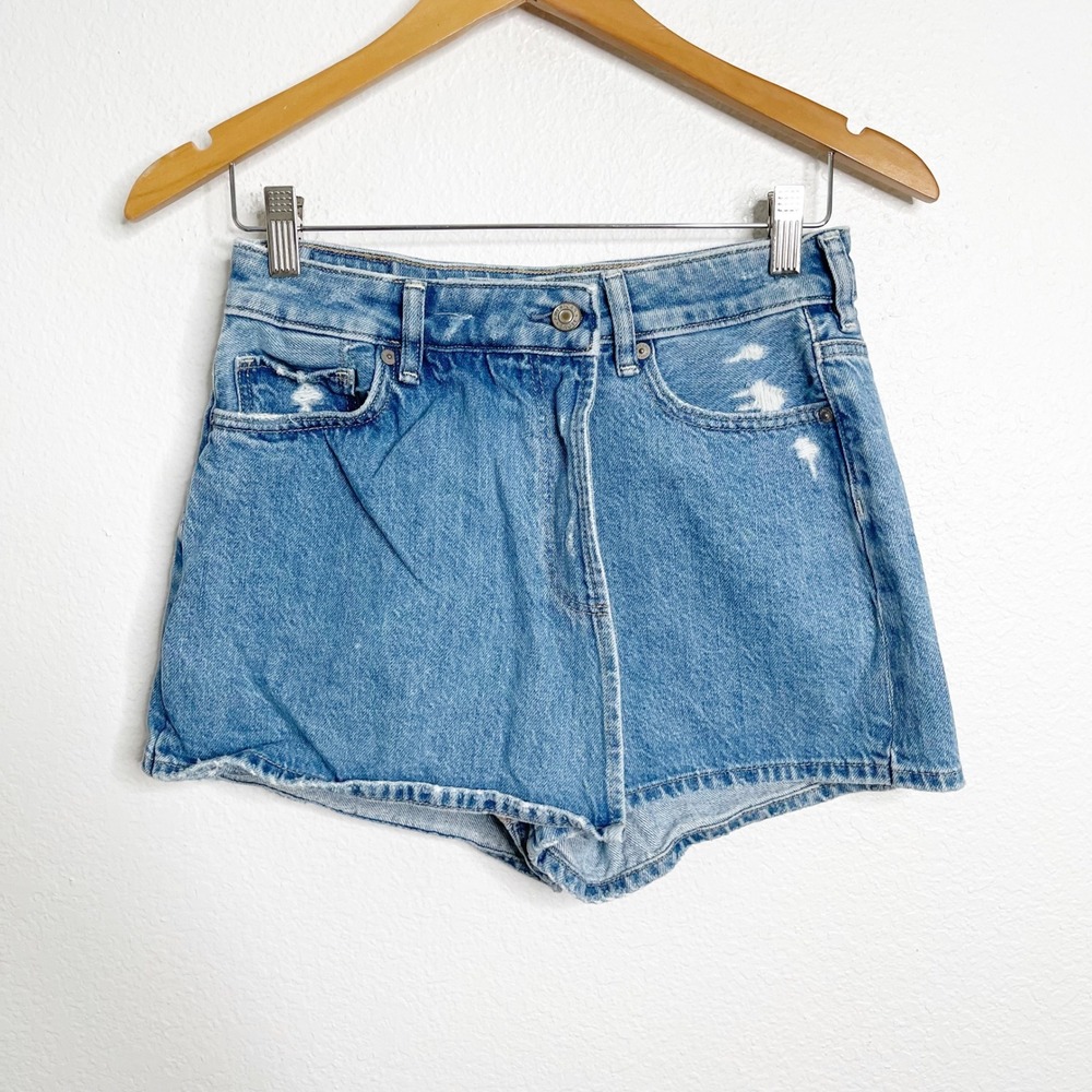 American Eagle Women Medium Wash Distressed Asymmetrical Denim Skort Size 2